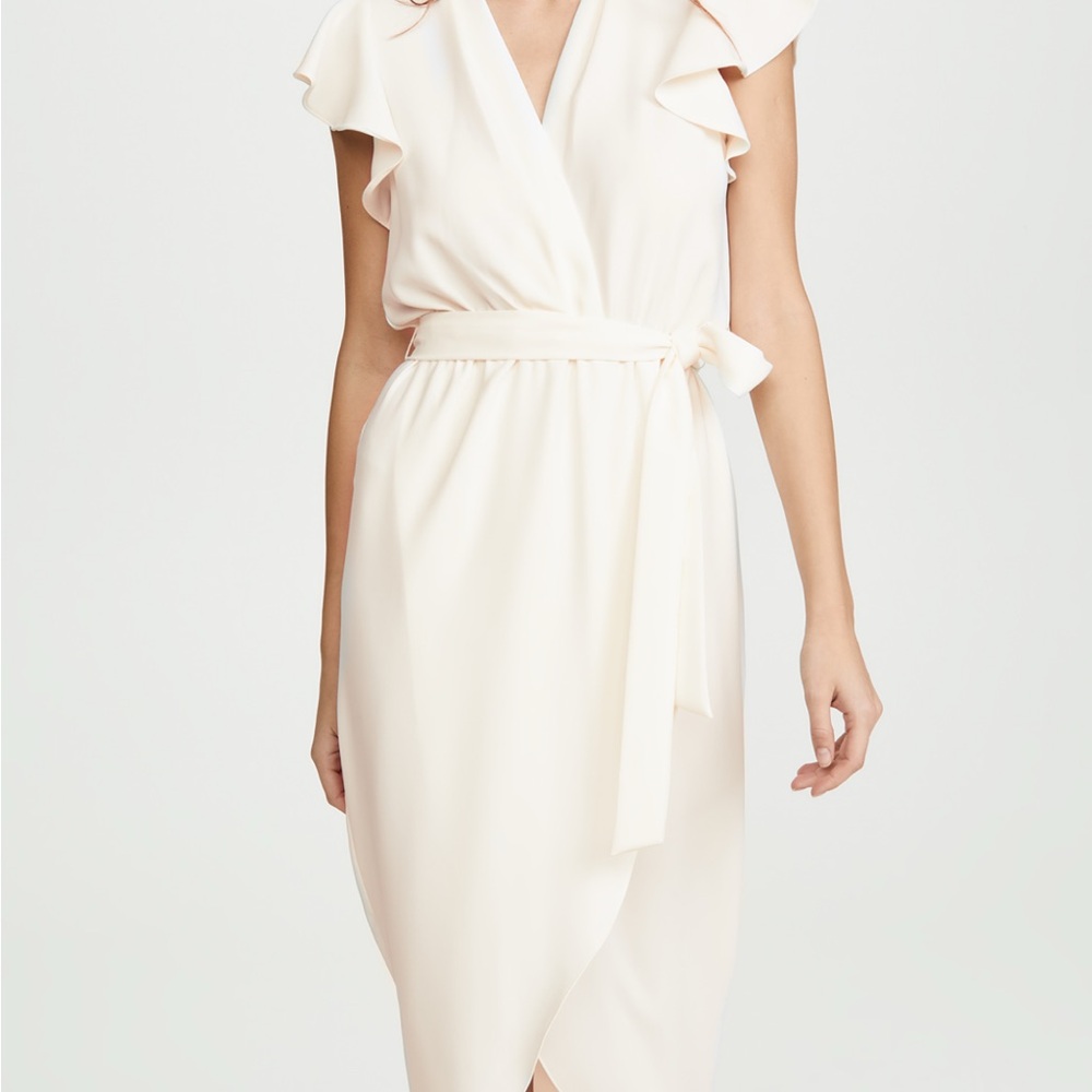 Amanda Uprichard Cream Wrap Midi Dress with Flutter Sleeves